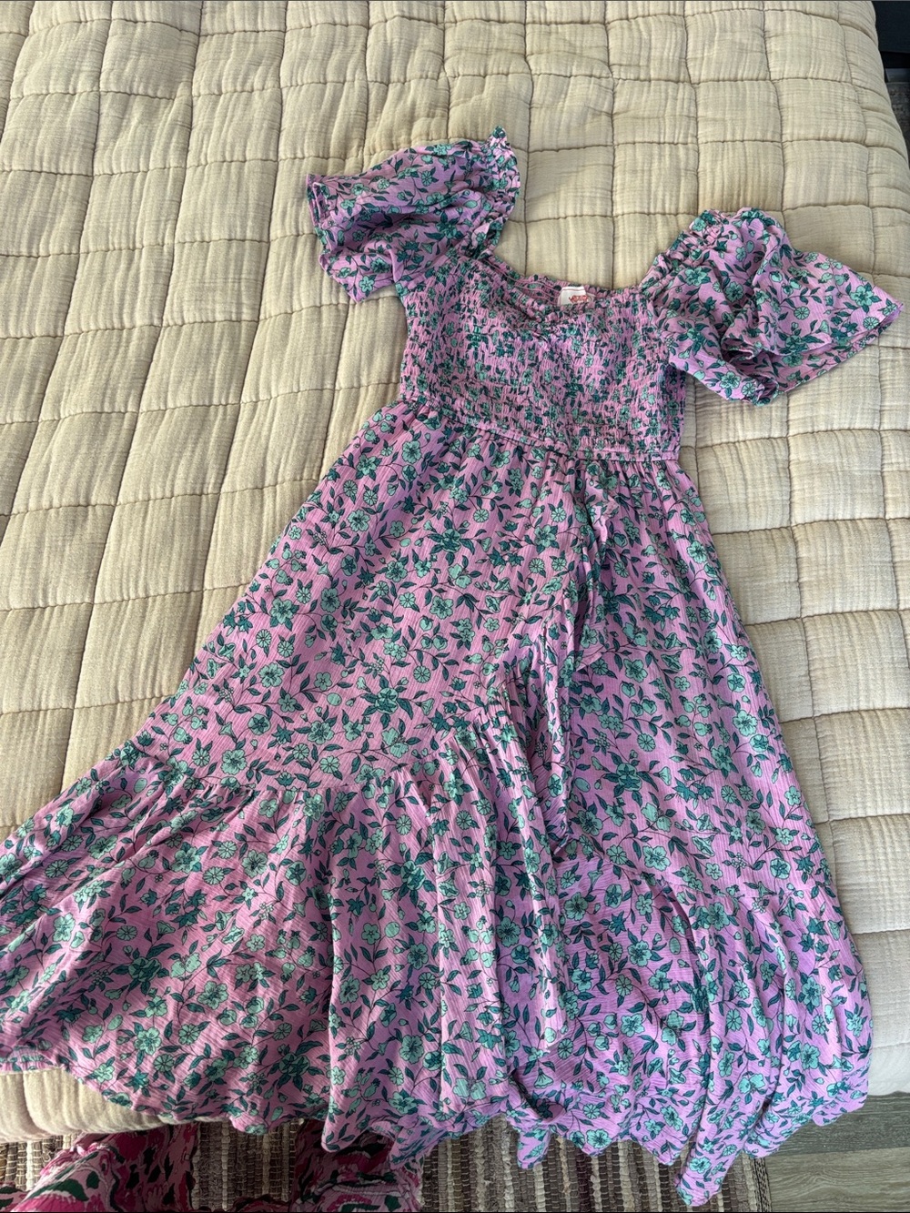 Banjanan Pink Floral Midi Dress with Green Leaf Print
